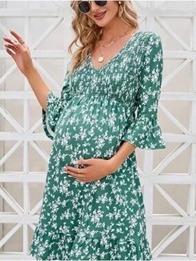 Coolmee Green Floral Maternity Midi Dress Smocked Bodice Bridal Shower Sz Small